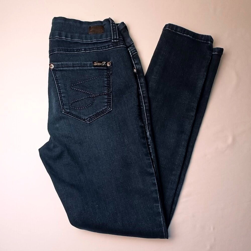 Seven7 Womens Mid Rise Tummy Less Skinny Denim Jeans Size 6 Blue Stretch Classic